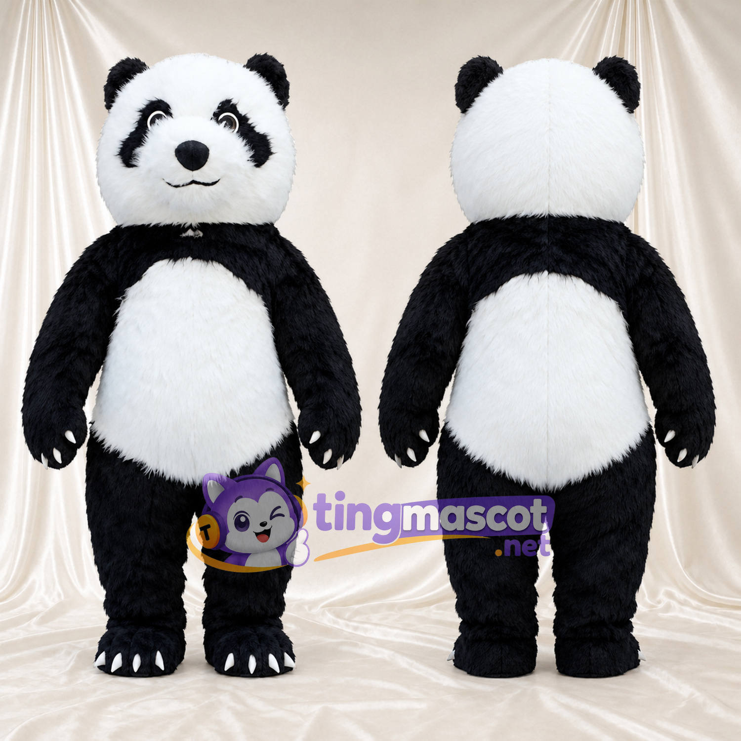 Black and White Panda Mascot Costume - Smiling Face and White Claws Black and White Panda Mascot Costume - Smiling Face and White Claws