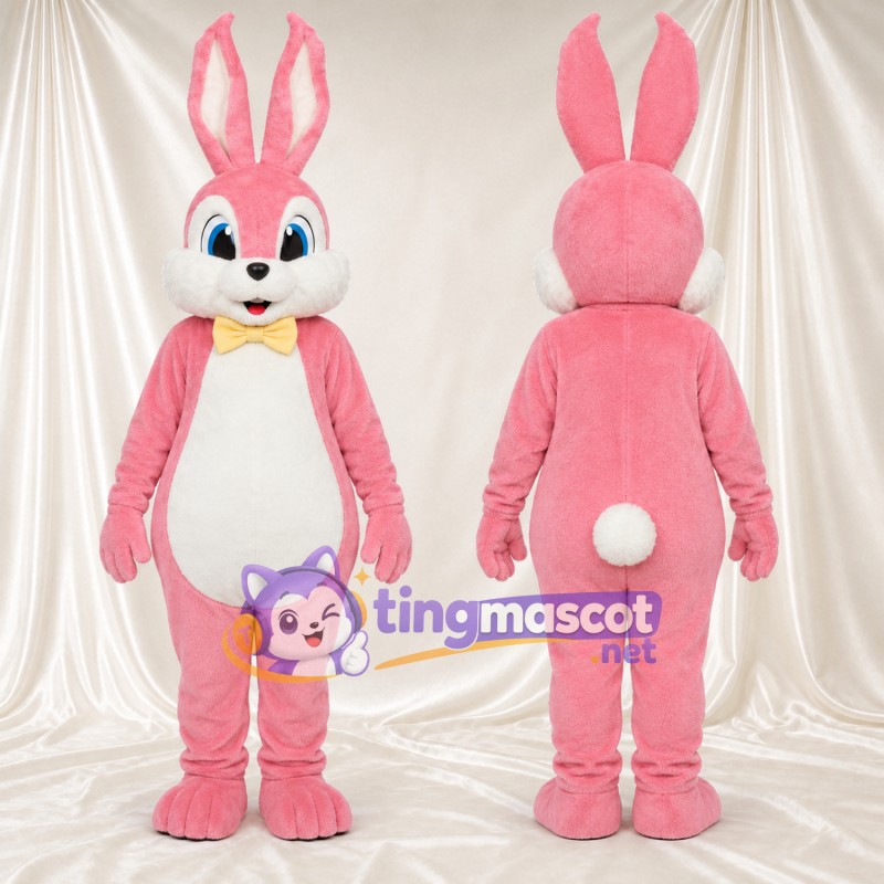 Costume de mascotte Lapin – rose – Nœud papillon (jaune); Longues oreilles