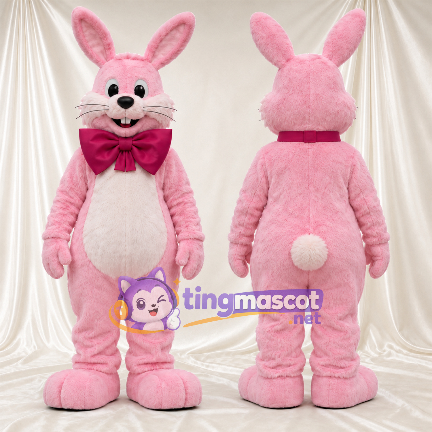 Costume de mascotte Lapin – rose – Nœud papillon (bordeaux); Ventre (blanc)