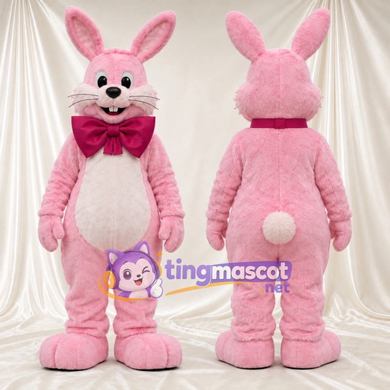 Costume de mascotte Lapin – rose – Nœud papillon (bordeaux); Ventre (blanc)