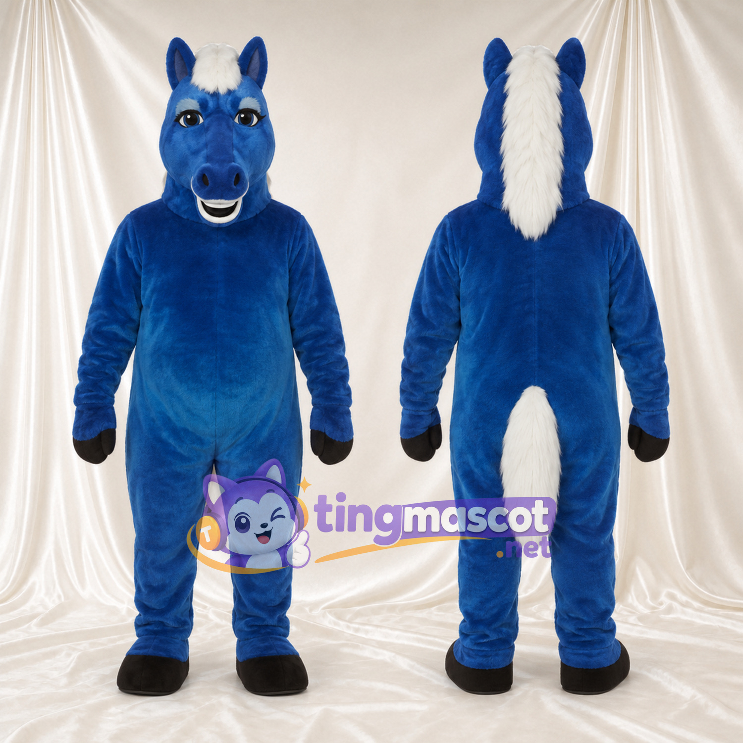 Costume de mascotte Cheval – bleu – Crinière (blanc) Costume de mascotte Cheval – bleu – Crinière (blanc)