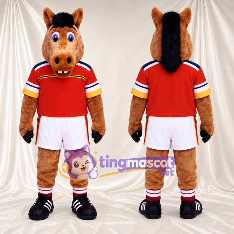 Brown Horse Mascot Costume - Red Jersey and White Shorts