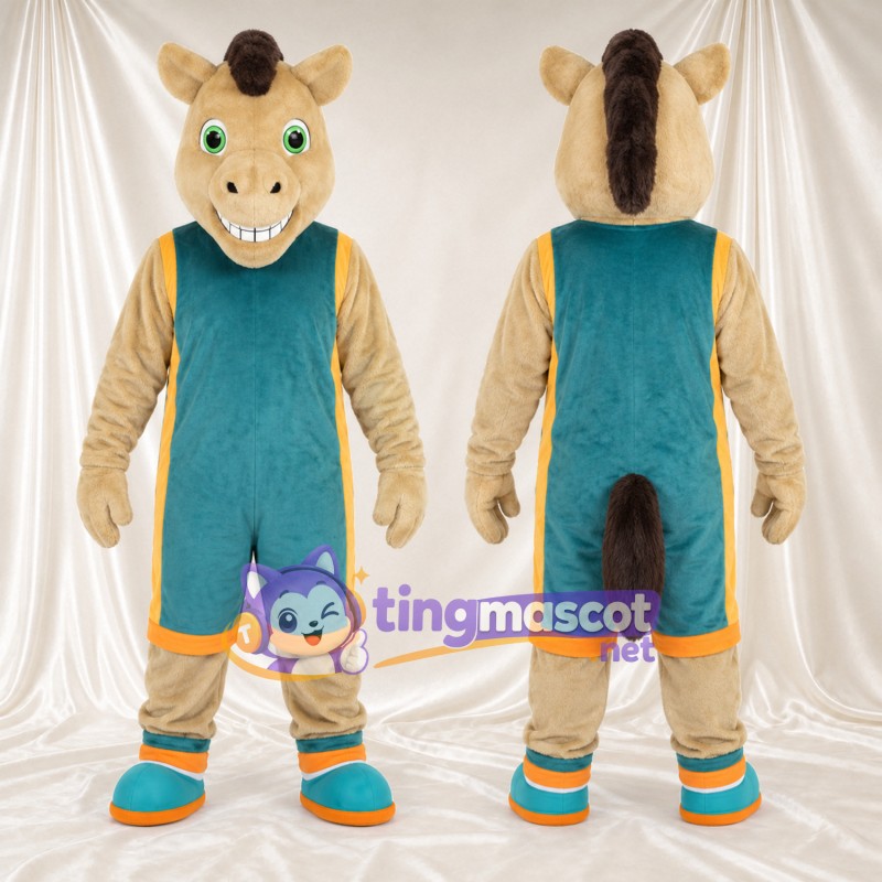 Costume de mascotte Cheval – brun clair – Salopette (bleu canard)