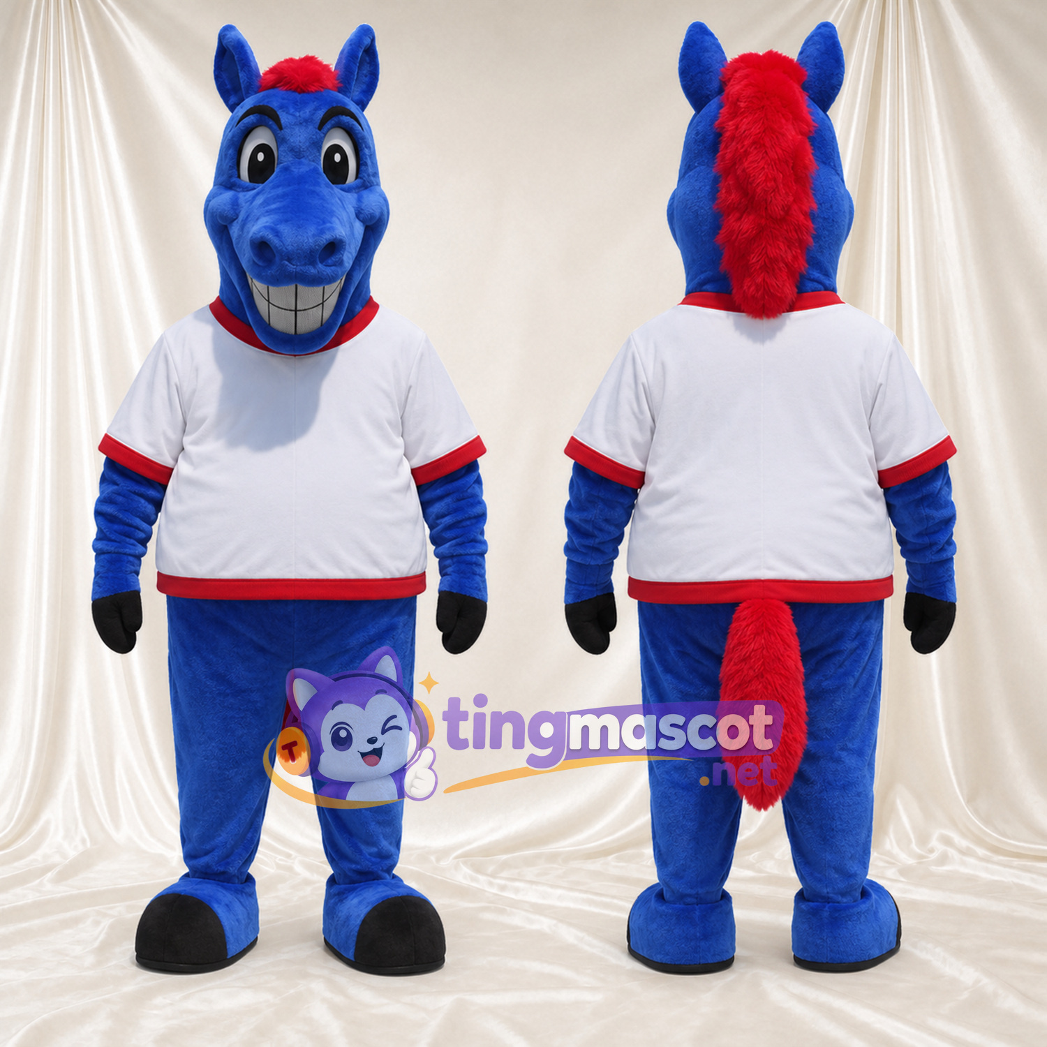 Costume de mascotte Cheval – bleu – Chemise (blanc); Crinière (rouge) Costume de mascotte Cheval – bleu – Chemise (blanc); Crinière (rouge)