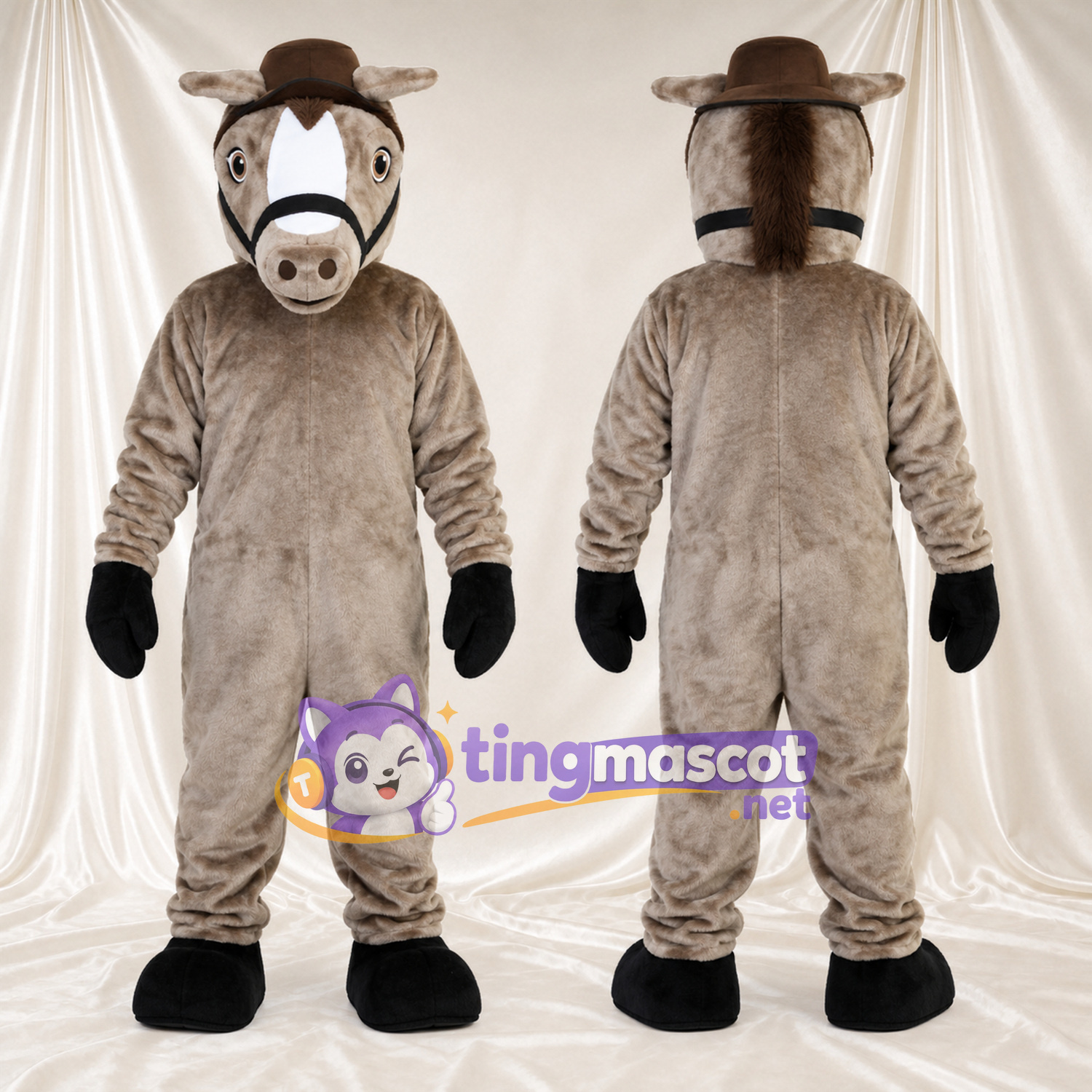 Costume de mascotte Cheval – gris – Chapeau (marron) Costume de mascotte Cheval – gris – Chapeau (marron)