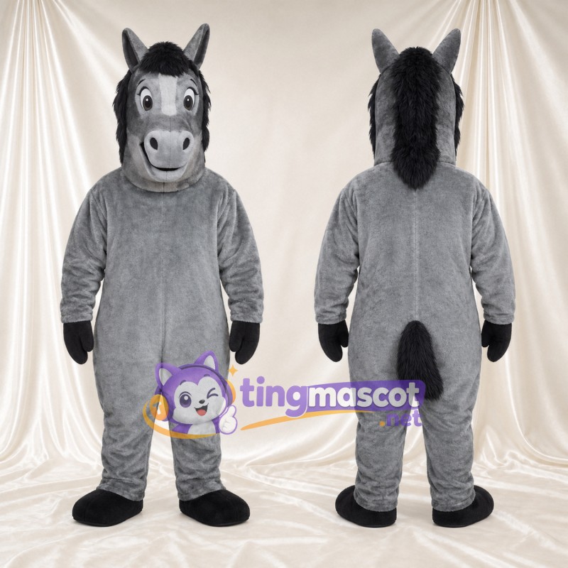Costume de mascotte Cheval – gris – Crinière (noir); Gants (noir)
