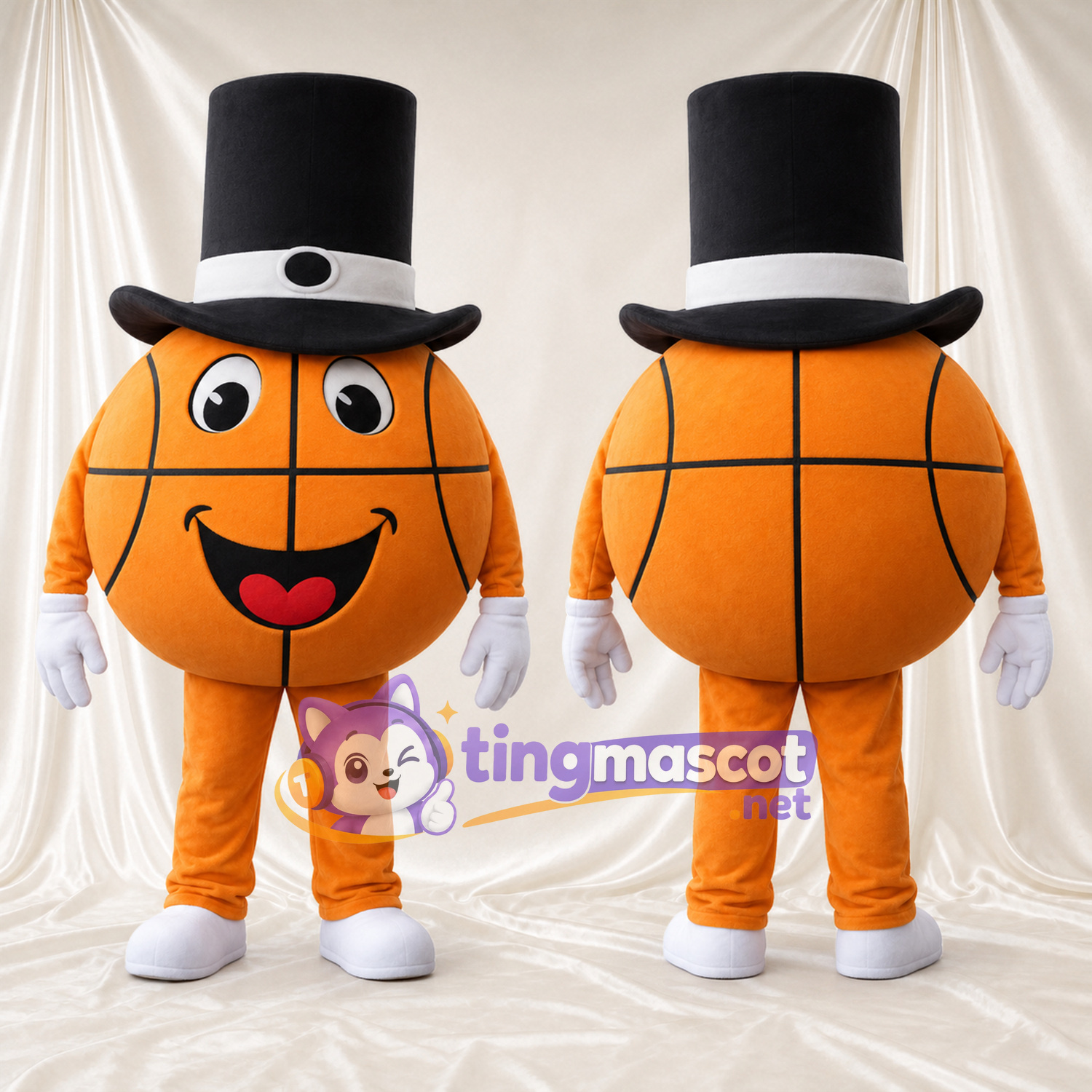 Costume de mascotte Ballon de basket – orange – Haut-de-forme (noir) Costume de mascotte Ballon de basket – orange – Haut-de-forme (noir)