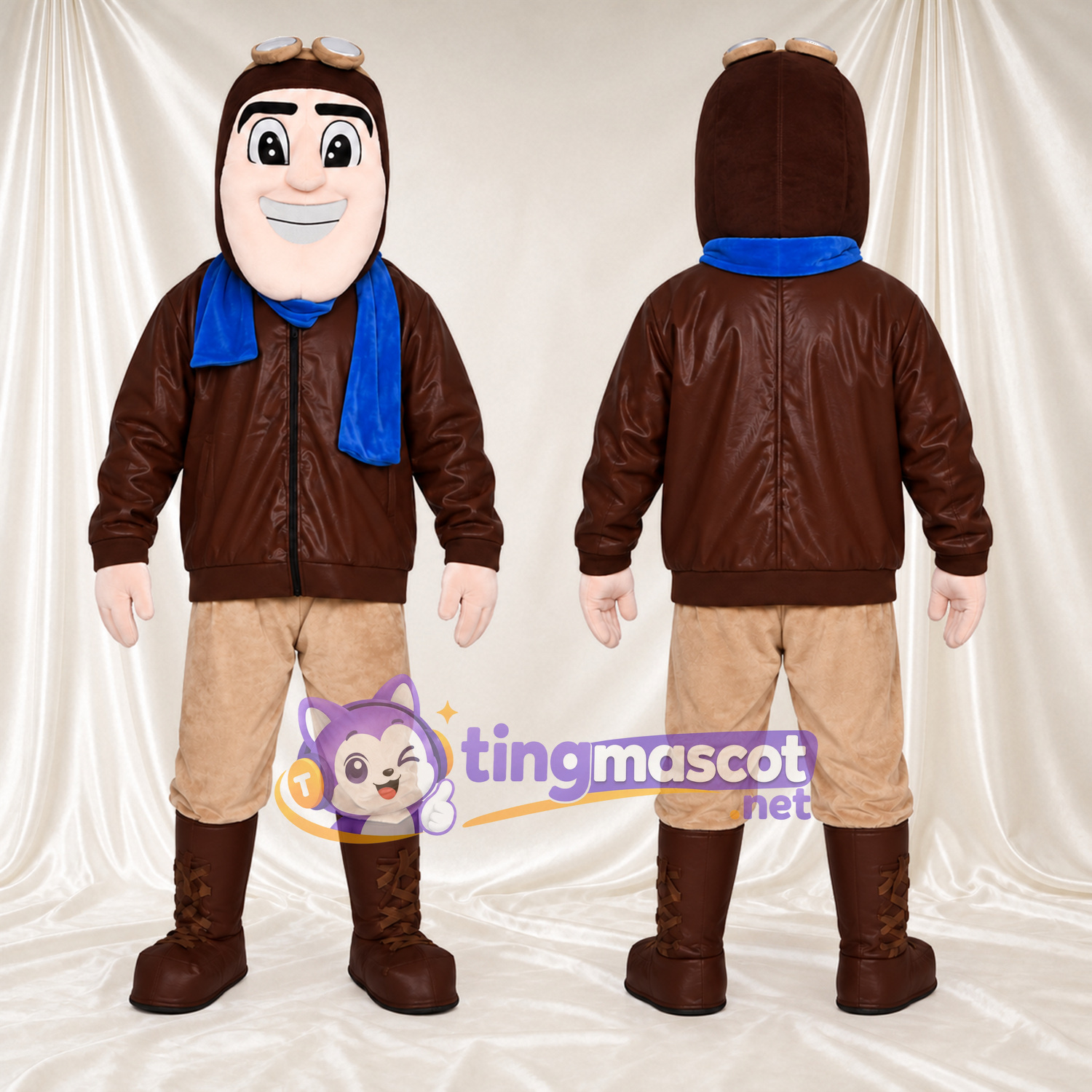 Aviator Mascot Costume - Brown Jacket and Blue Scarf Aviator Mascot Costume - Brown Jacket and Blue Scarf