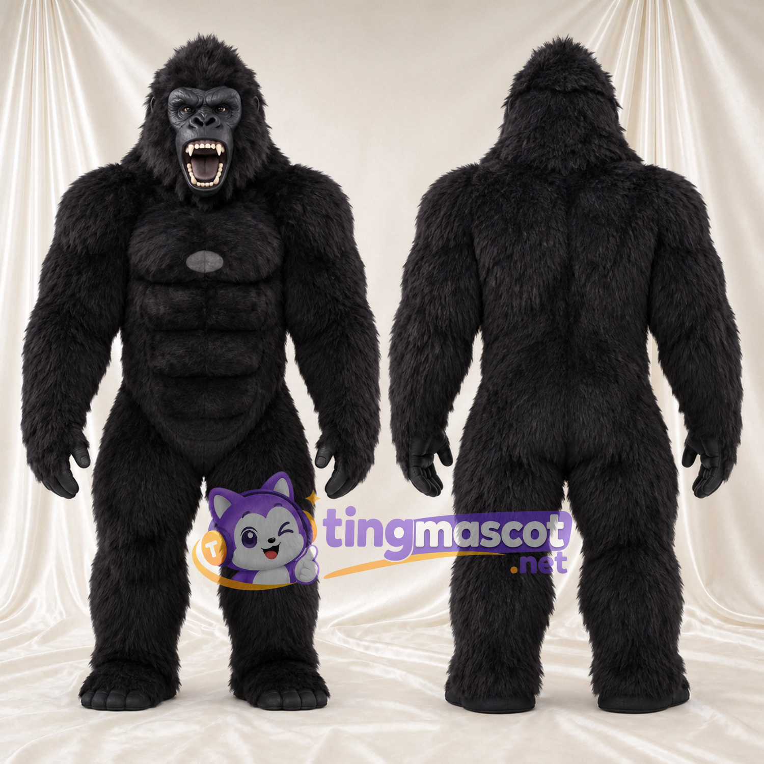 Black Gorilla Mascot Costume - Black Muscle Chest and Pointed Fangs Black Gorilla Mascot Costume - Black Muscle Chest and Pointed Fangs