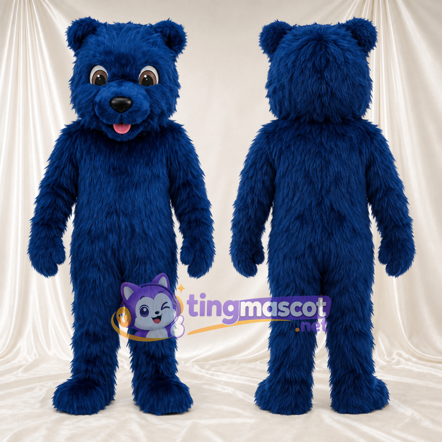 Maskottchenkostüm Bär – blau – Zunge (rosa); Zottelfell Maskottchenkostüm Bär – blau – Zunge (rosa); Zottelfell