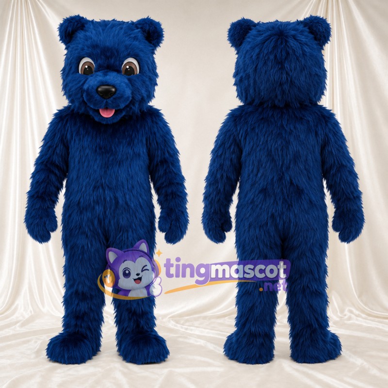 Maskottchenkostüm Bär – blau – Zunge (rosa); Zottelfell