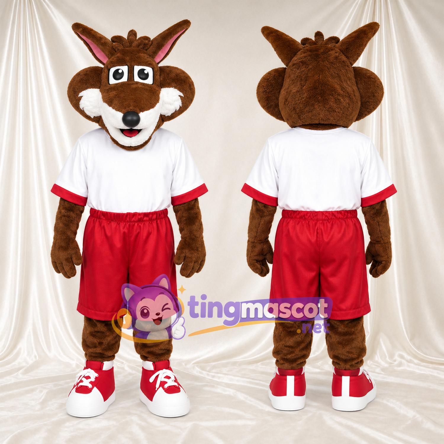 Costume de mascotte Coyote – marron – Chemise (blanc); Short (rouge) Costume de mascotte Coyote – marron – Chemise (blanc); Short (rouge)