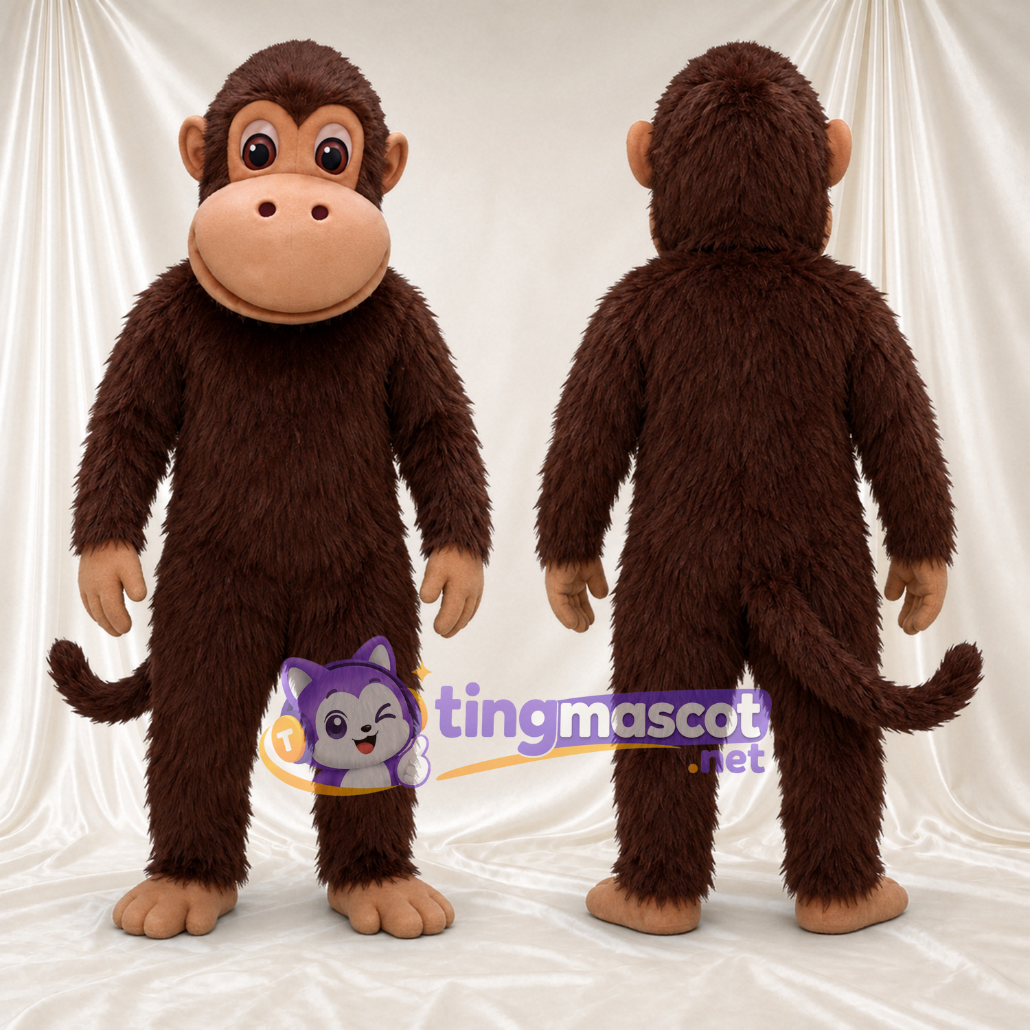 Maskottchenkostüm Affe – braun – Ringelschwanz; Schnauze (hellbraun) Maskottchenkostüm Affe – braun – Ringelschwanz; Schnauze (hellbraun)