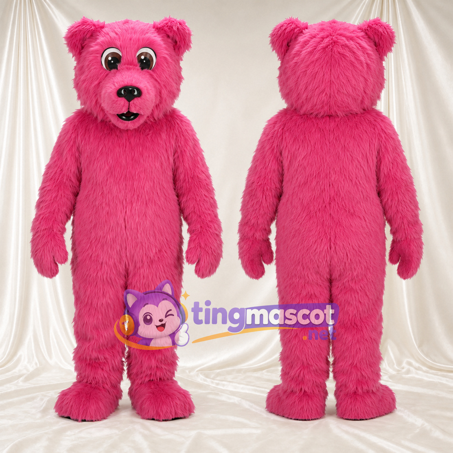 Maskottchenkostüm Bär – rosa – Nase (schwarz); Zottelfell Maskottchenkostüm Bär – rosa – Nase (schwarz); Zottelfell