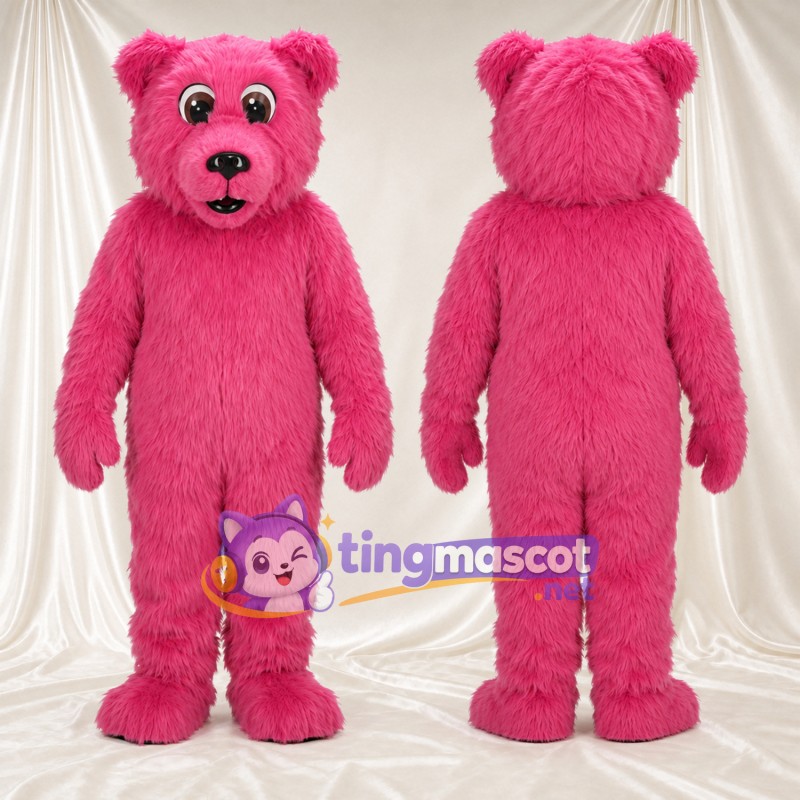 Maskottchenkostüm Bär – rosa – Nase (schwarz); Zottelfell