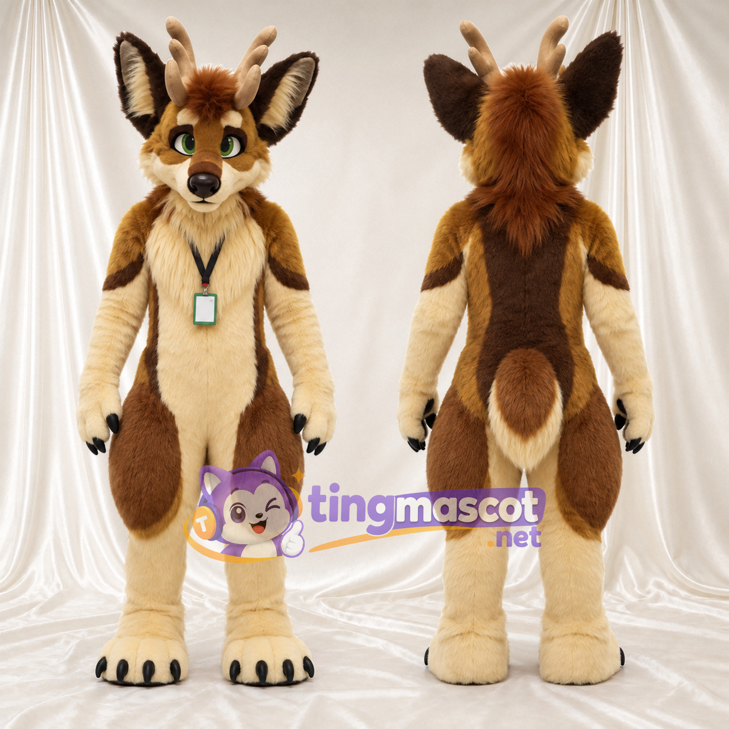 Brown and Cream Antlered Fox Mascot Costume - Antlers and Neck Pendant Brown and Cream Antlered Fox Mascot Costume - Antlers and Neck Pendant