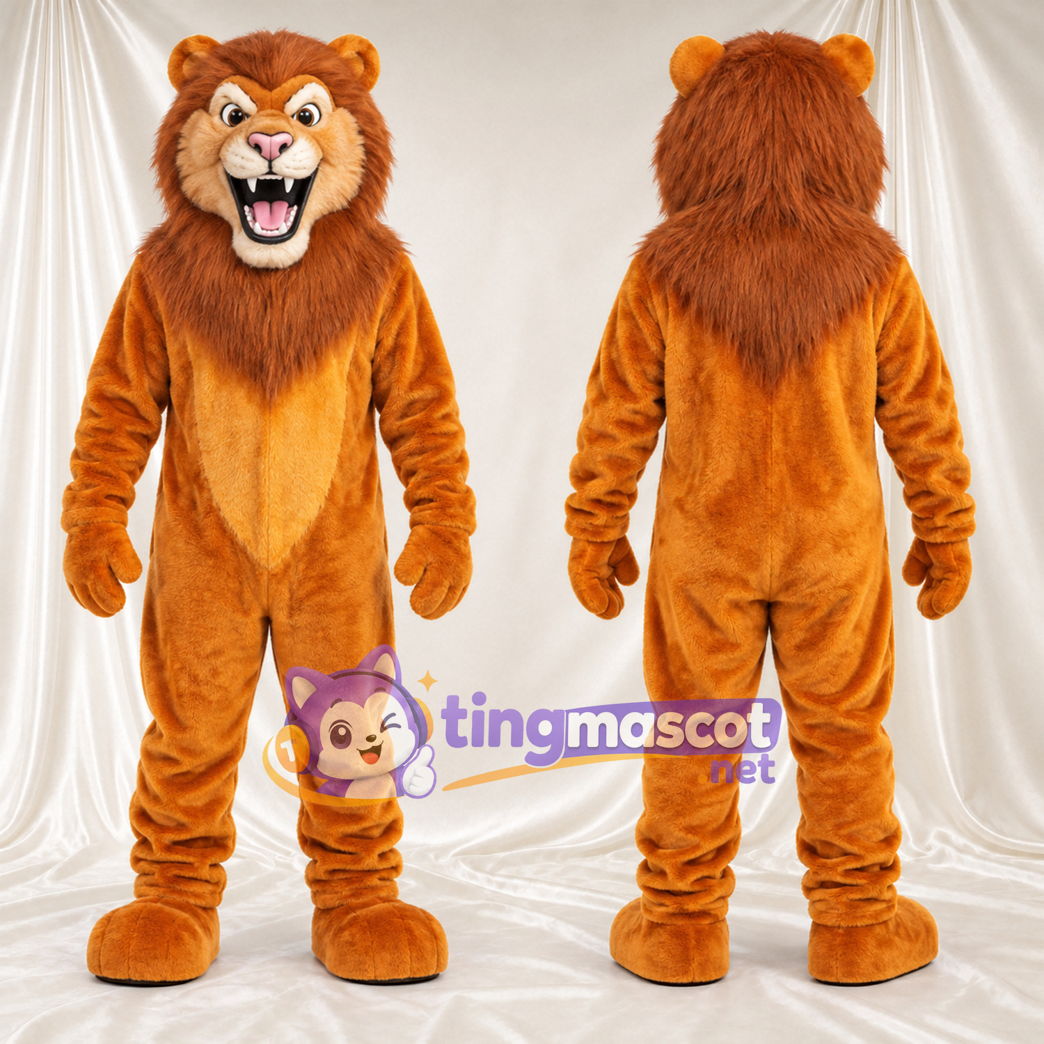 Costume de mascotte Lion – orange – Crinière (marron); Ventre (jaune) Costume de mascotte Lion – orange – Crinière (marron); Ventre (jaune)