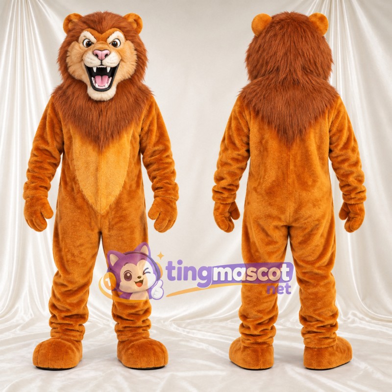 Costume de mascotte Lion – orange – Crinière (marron); Ventre (jaune)