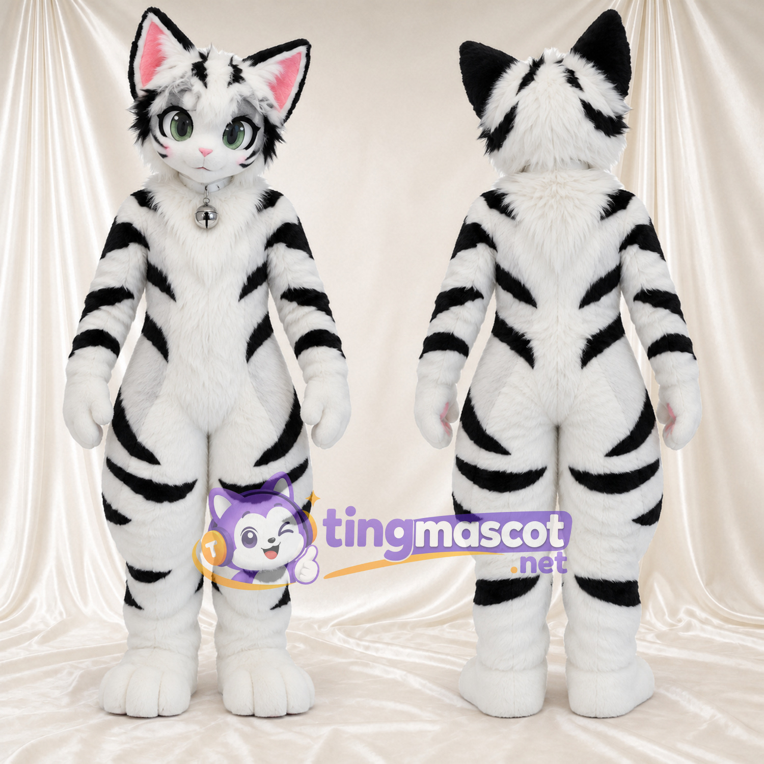 Costume de mascotte Tigre – blanc – Rayures (noir); Intérieur des oreilles (rose) Costume de mascotte Tigre – blanc – Rayures (noir); Intérieur des oreilles (rose)