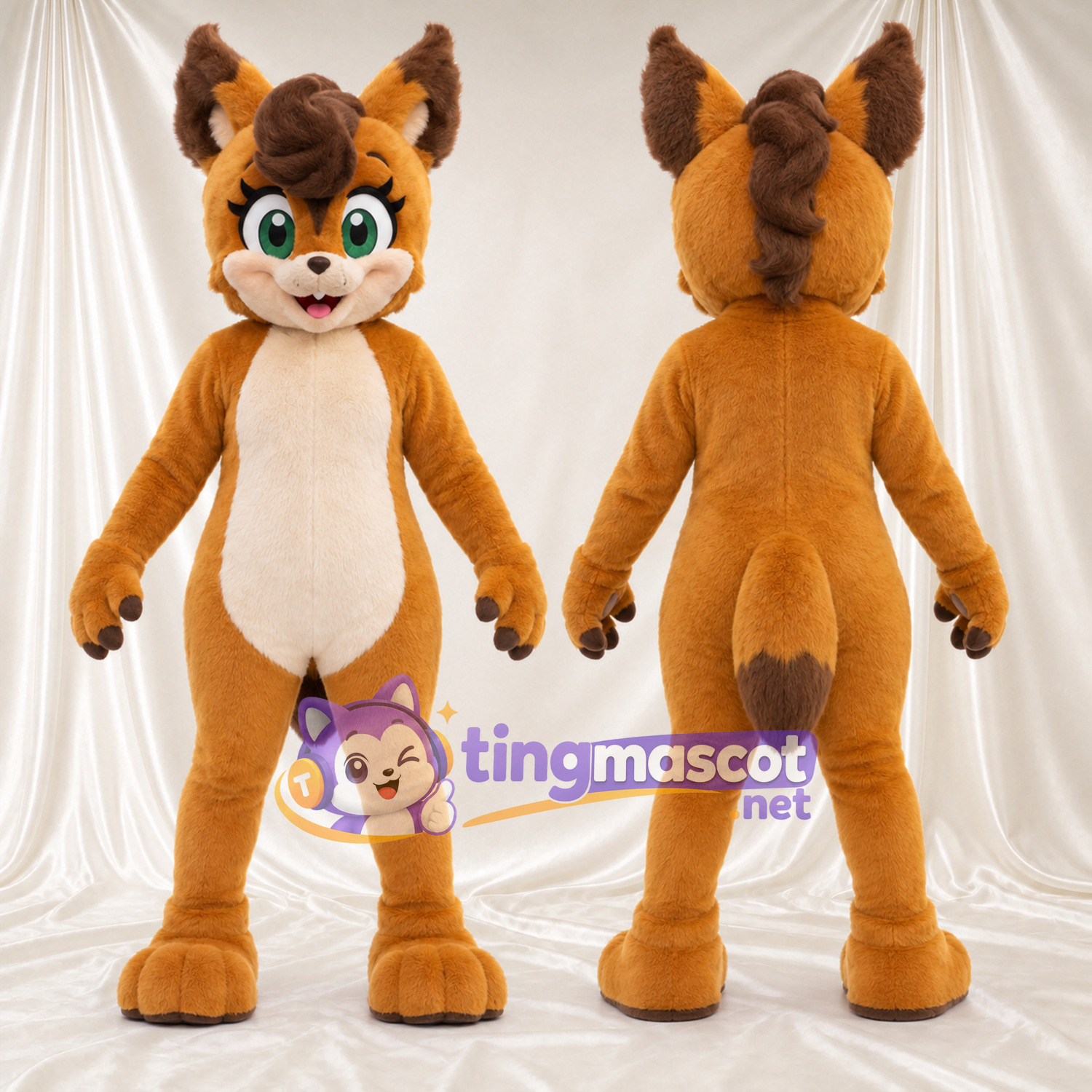 Maskottchenkostüm Eichhörnchen – braun – Bauch (creme); Augen (grün) Maskottchenkostüm Eichhörnchen – braun – Bauch (creme); Augen (grün)