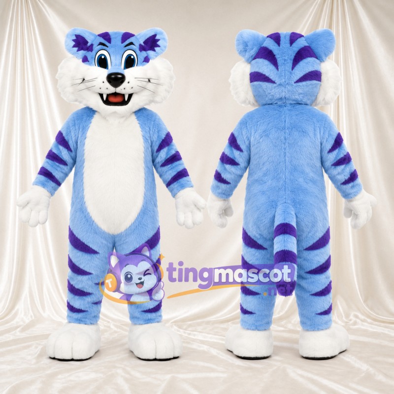 Blue Tiger Mascot Costume - Purple Stripes