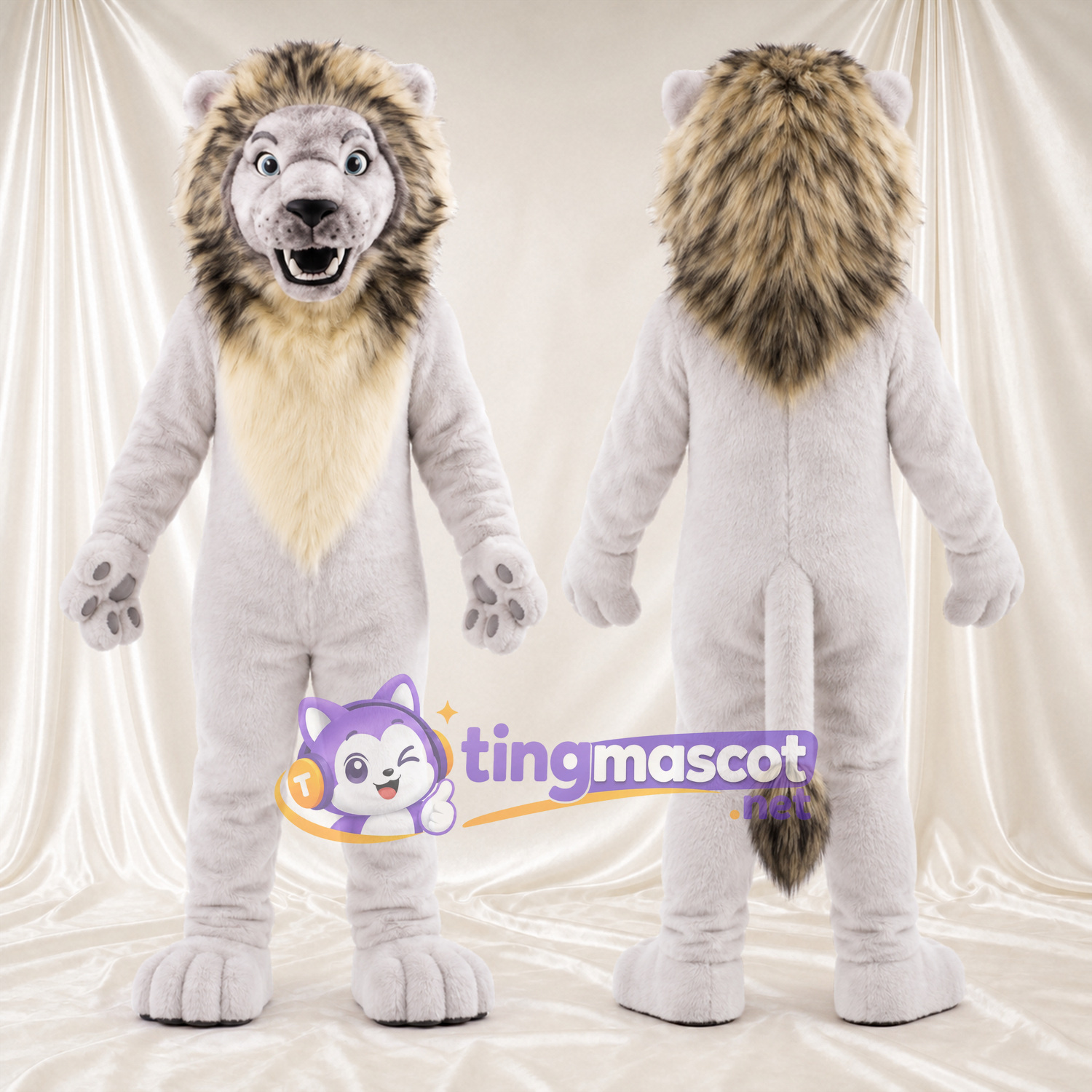 Costume de mascotte Lion – blanc – Crinière (gris) Costume de mascotte Lion – blanc – Crinière (gris)