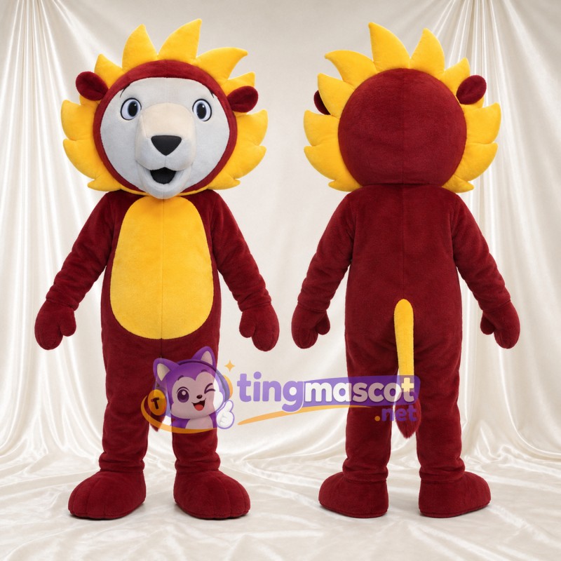 Costume de mascotte Lion – bordeaux – Crinière (jaune); Ventre