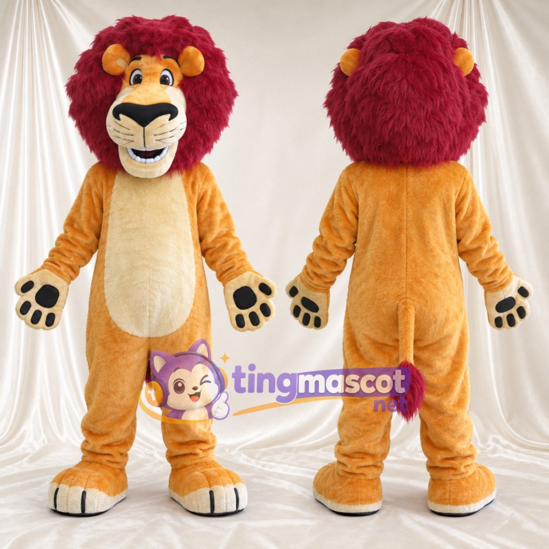 Costume de mascotte Lion – orange – Crinière (bordeaux)