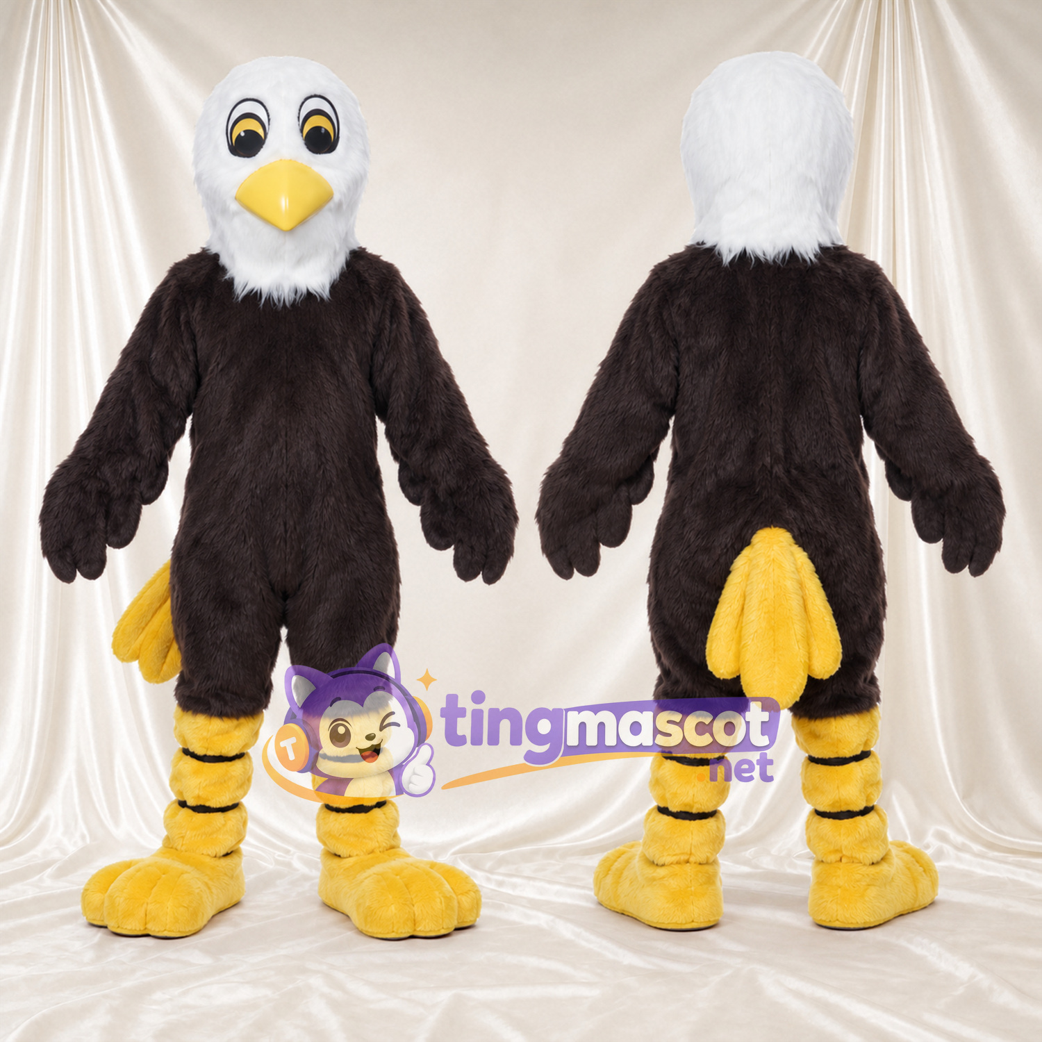 Maskottchenkostüm Adler – braun – Gestreifte Beine; Kopf (weiß) Maskottchenkostüm Adler – braun – Gestreifte Beine; Kopf (weiß)
