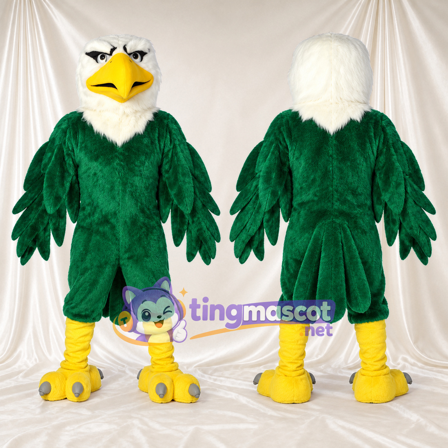 Costume de mascotte Aigle – vert – Tête (blanc); Pieds (jaune) Costume de mascotte Aigle – vert – Tête (blanc); Pieds (jaune)