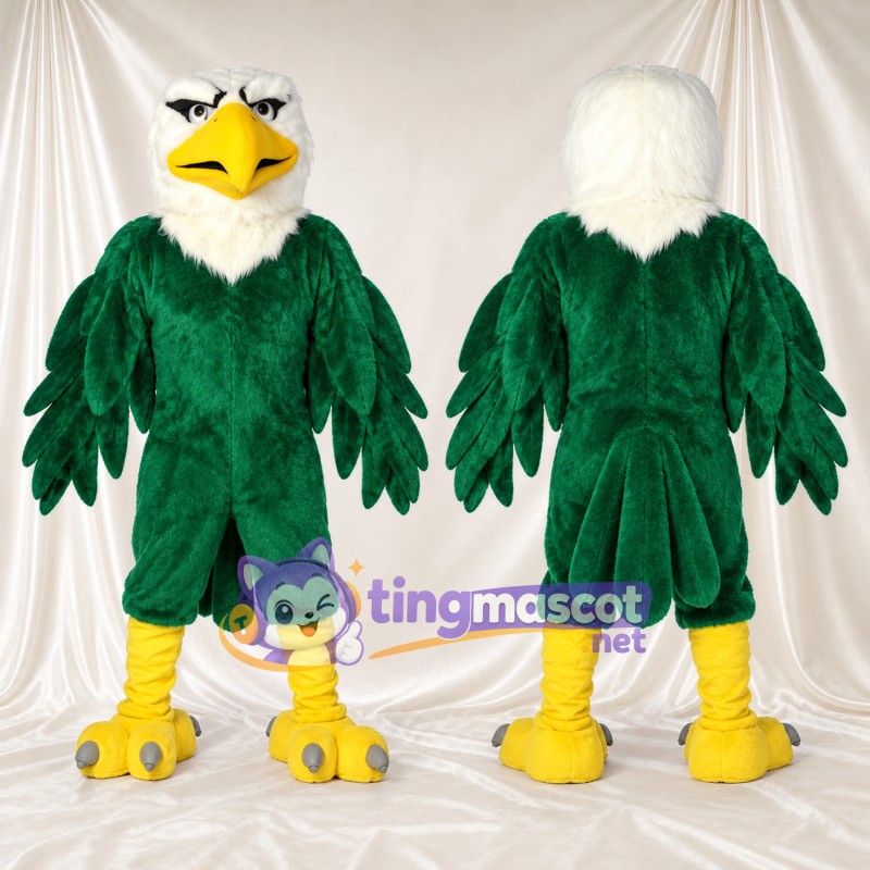 Costume de mascotte Aigle – vert – Tête (blanc); Pieds (jaune)