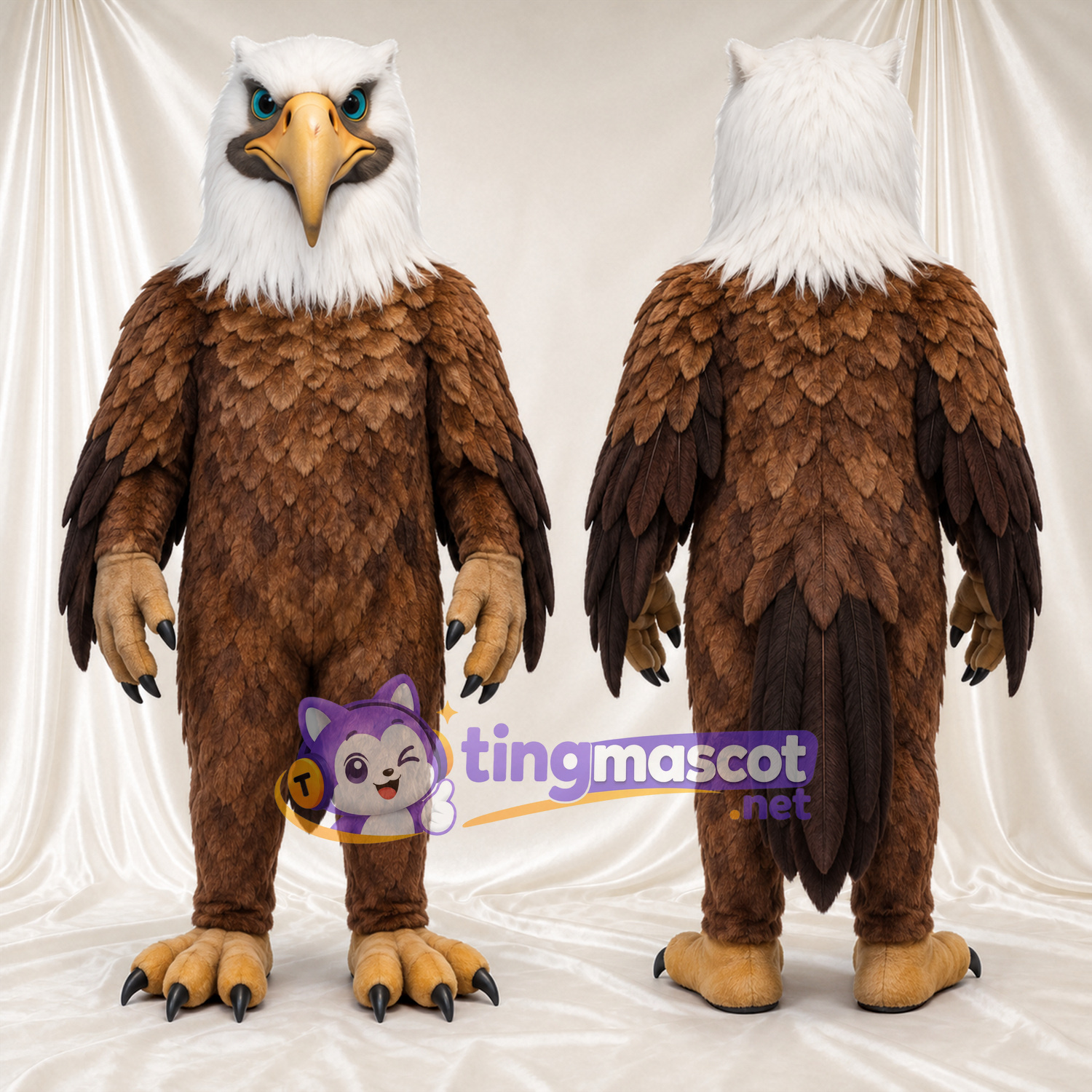 Costume de mascotte Aigle – marron – Griffes (noir); Tête (blanc) Costume de mascotte Aigle – marron – Griffes (noir); Tête (blanc)