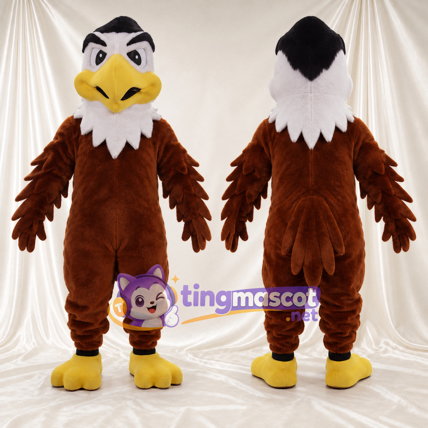 Costume de mascotte Aigle – marron – Couronne (noir); Tête (blanc) Costume de mascotte Aigle – marron – Couronne (noir); Tête (blanc)