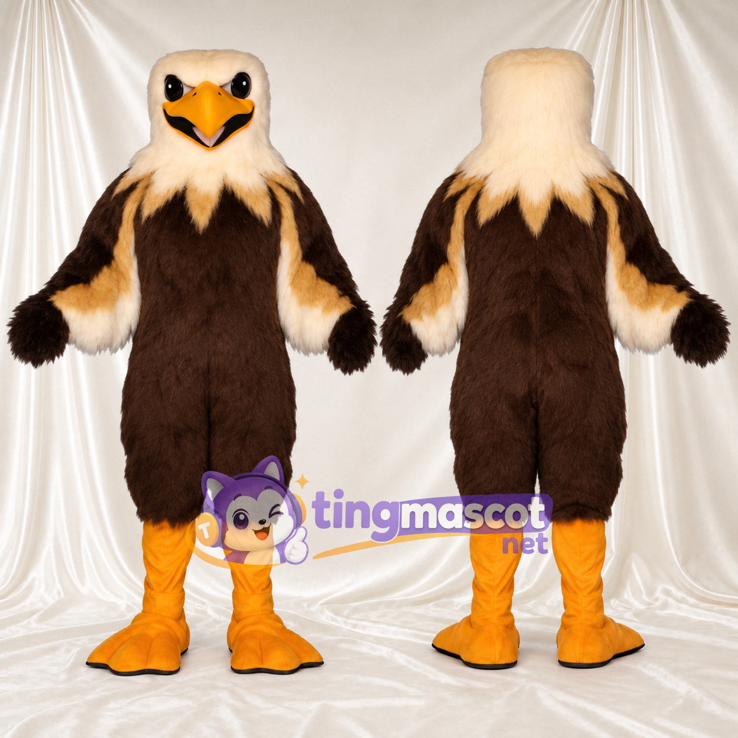 Costume de mascotte Aigle – marron – Pieds (orange); Tête (crème) Costume de mascotte Aigle – marron – Pieds (orange); Tête (crème)