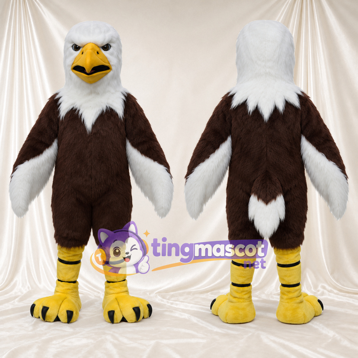 Maskottchenkostüm Adler – braun – Gestreifte Beine; Flügelspitzen (weiß) Maskottchenkostüm Adler – braun – Gestreifte Beine; Flügelspitzen (weiß)