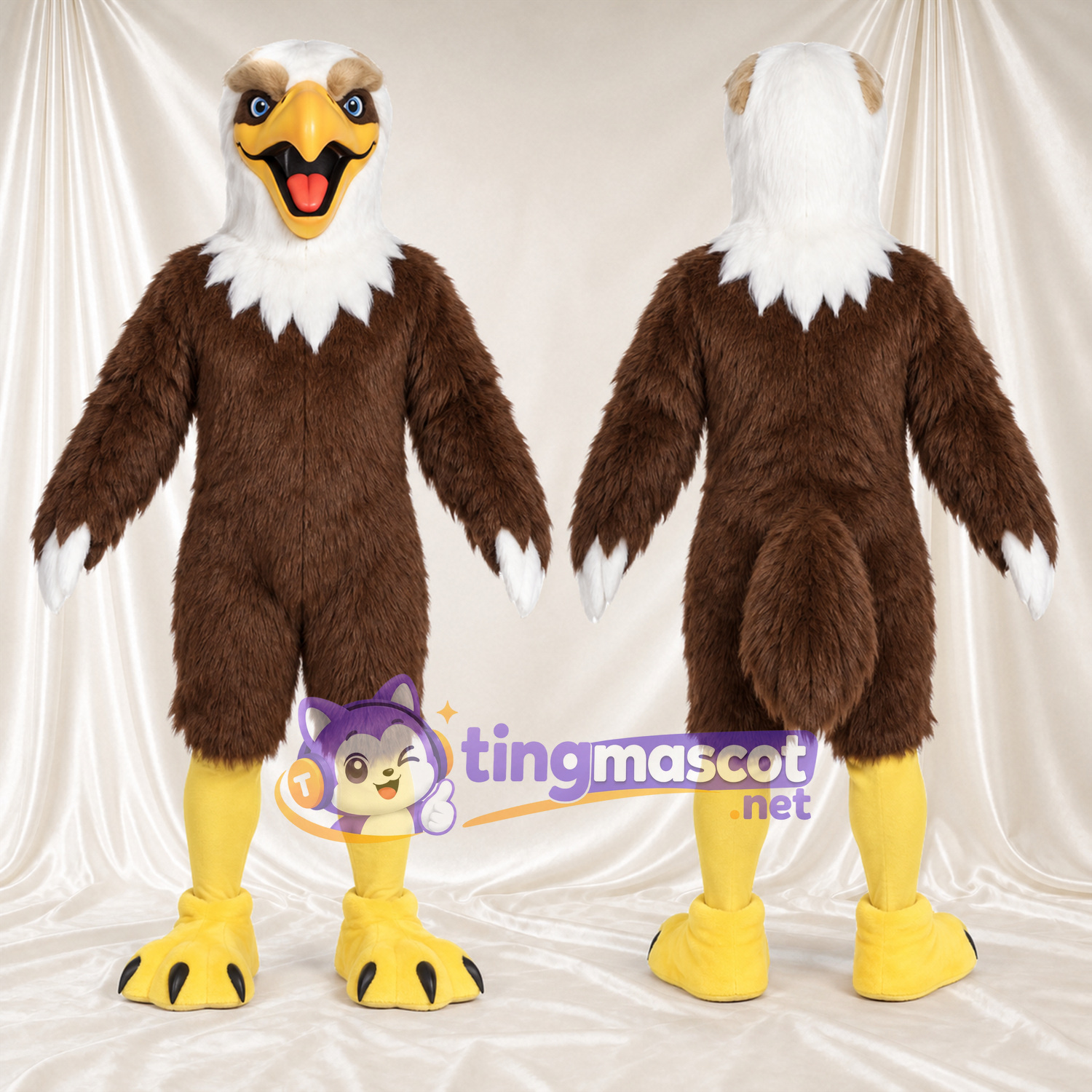 Maskottchenkostüm Adler – braun – Zunge (rosa); Kopf (weiß) Maskottchenkostüm Adler – braun – Zunge (rosa); Kopf (weiß)
