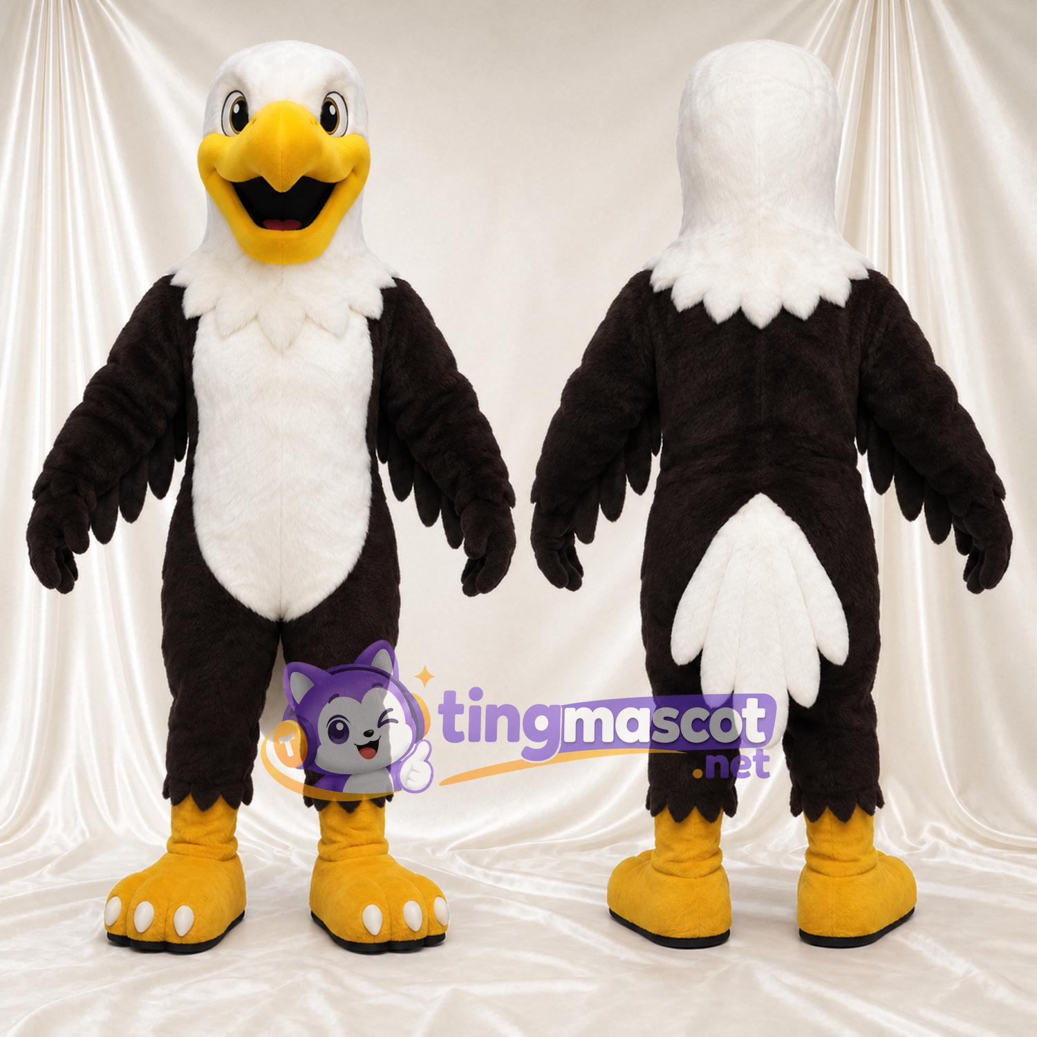 Costume de mascotte Aigle – noir / blanc – Ventre (blanc); Orteils (blanc) Costume de mascotte Aigle – noir / blanc – Ventre (blanc); Orteils (blanc)