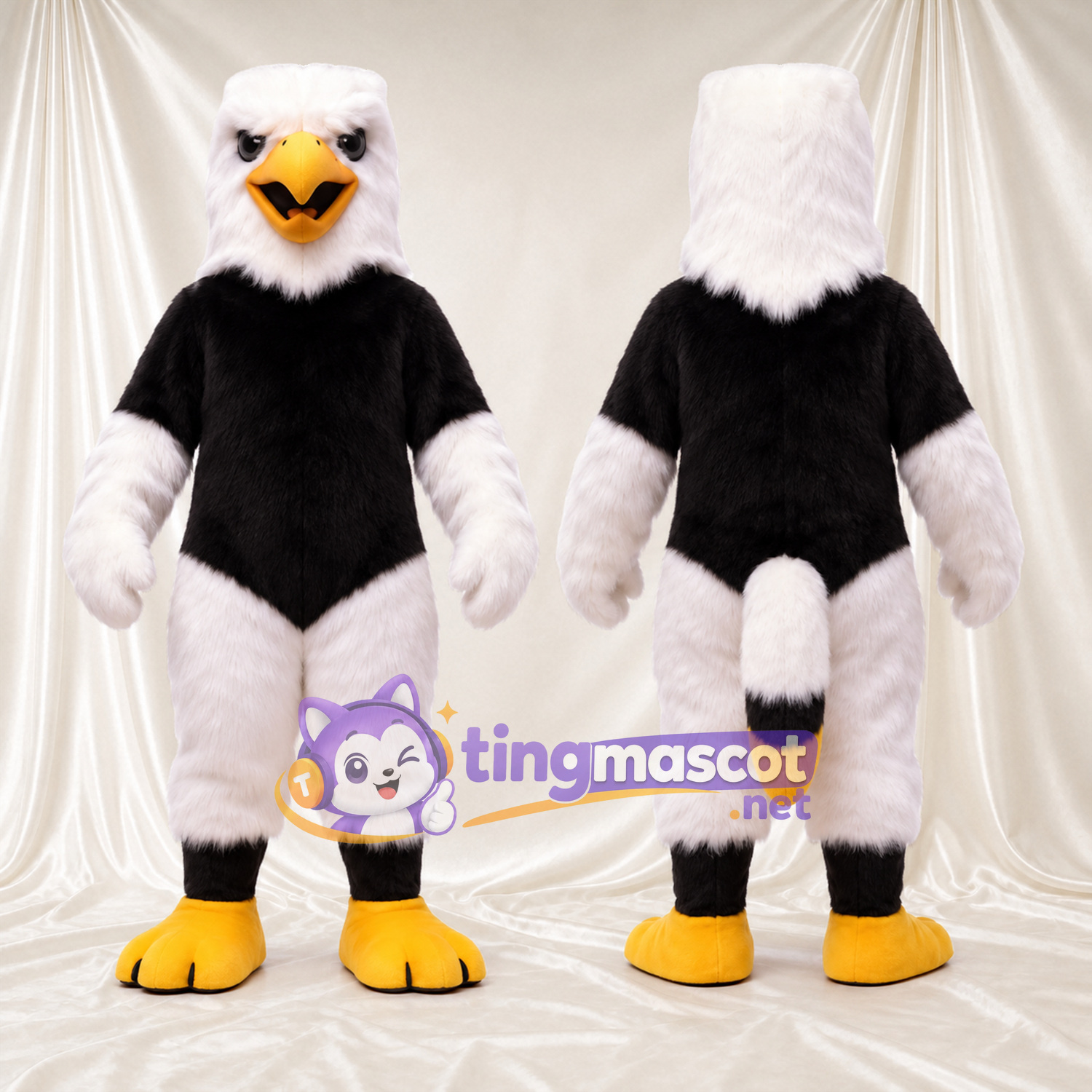 Costume de mascotte Aigle – noir / blanc – Mains (blanc); Bas des jambes (blanc) Costume de mascotte Aigle – noir / blanc – Mains (blanc); Bas des jambes (blanc)