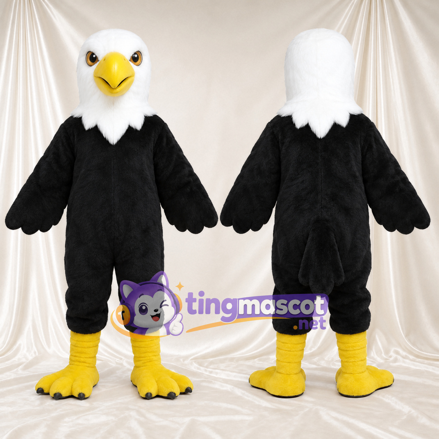 Costume de mascotte Aigle – noir / blanc – Bec (jaune); Jambes (jaune) Costume de mascotte Aigle – noir / blanc – Bec (jaune); Jambes (jaune)