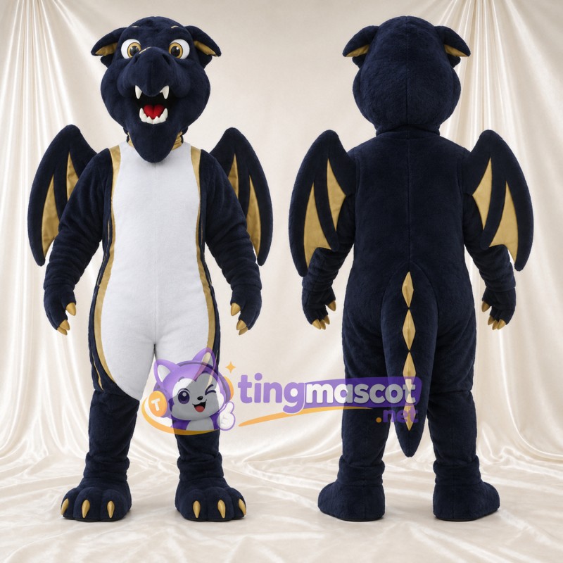Black Dragon Mascot Costume - Wings and White Belly