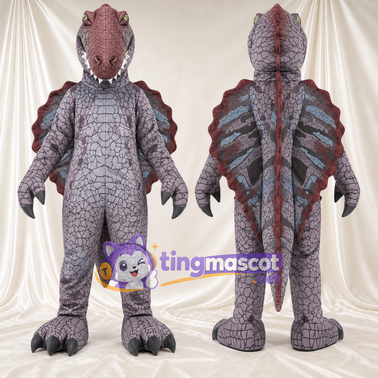 Costume de mascotte Dragon – gris – Épines (bordeaux) Costume de mascotte Dragon – gris – Épines (bordeaux)
