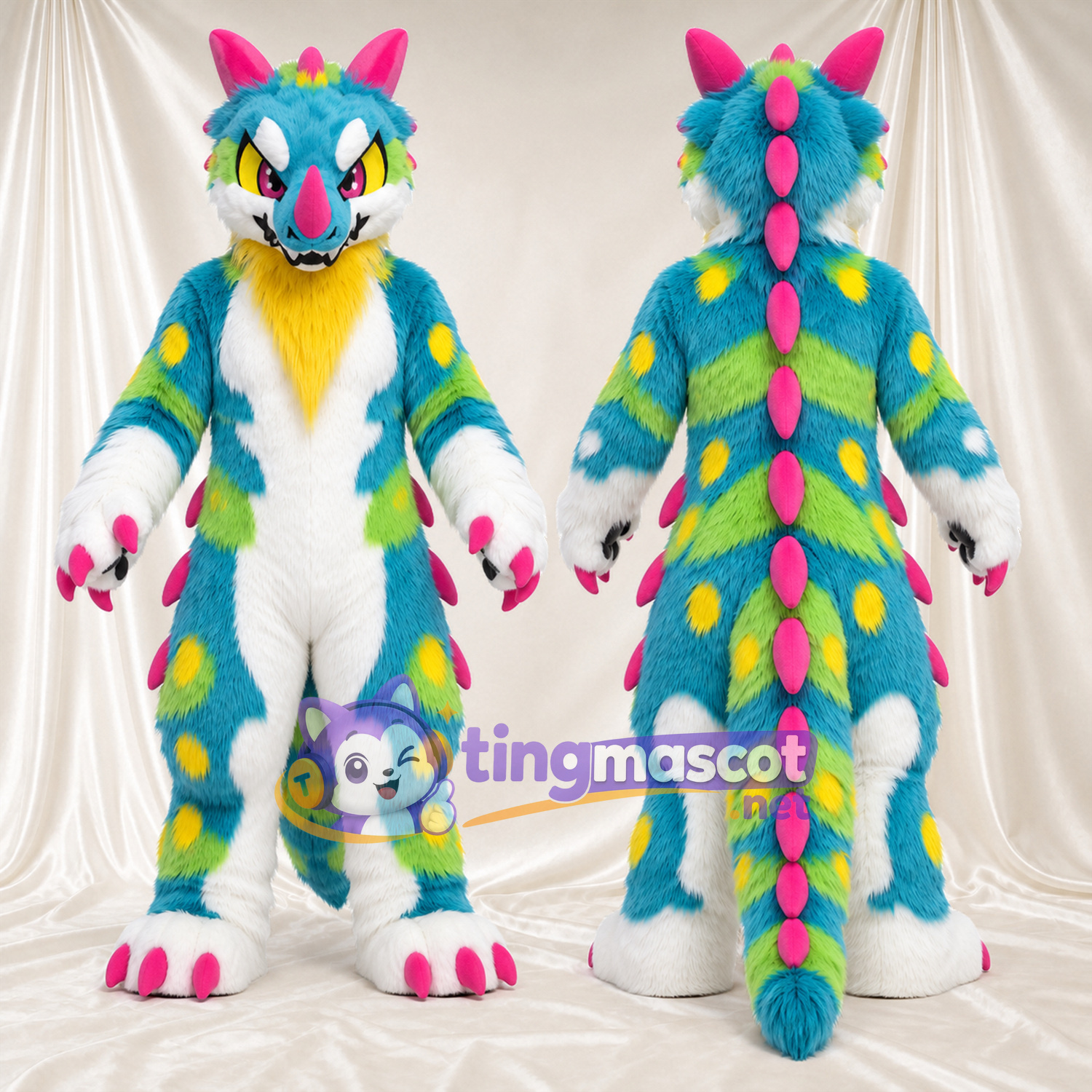 Maskottchenkostüm Drache – mehrfarbig – Stacheln (rosa); Hörner Maskottchenkostüm Drache – mehrfarbig – Stacheln (rosa); Hörner