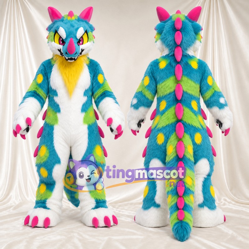 Maskottchenkostüm Drache – mehrfarbig – Stacheln (rosa); Hörner