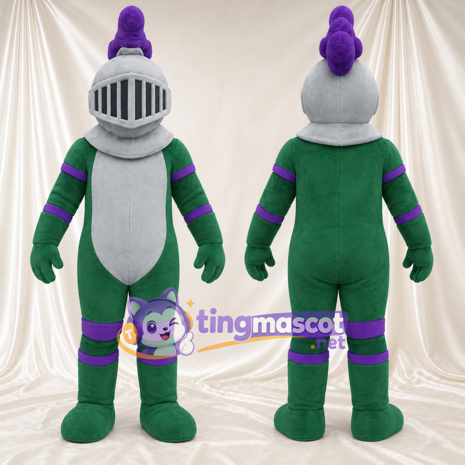 Costume de mascotte Chevalier – vert – Casque (argenté); Touches de couleur (violet) Costume de mascotte Chevalier – vert – Casque (argenté); Touches de couleur (violet)