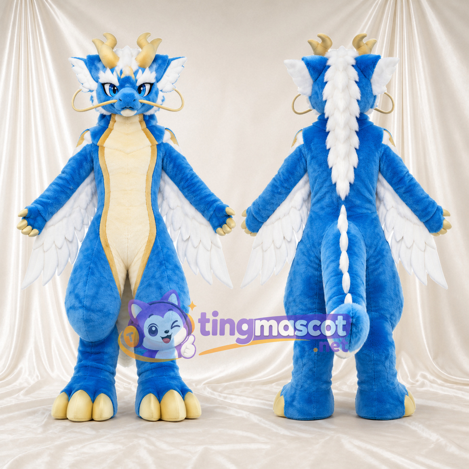 Costume de mascotte Dragon – bleu – Crinière (blanc) Costume de mascotte Dragon – bleu – Crinière (blanc)