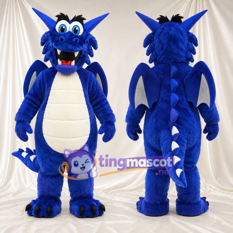 Costume de mascotte Dragon – bleu – Ventre (blanc)