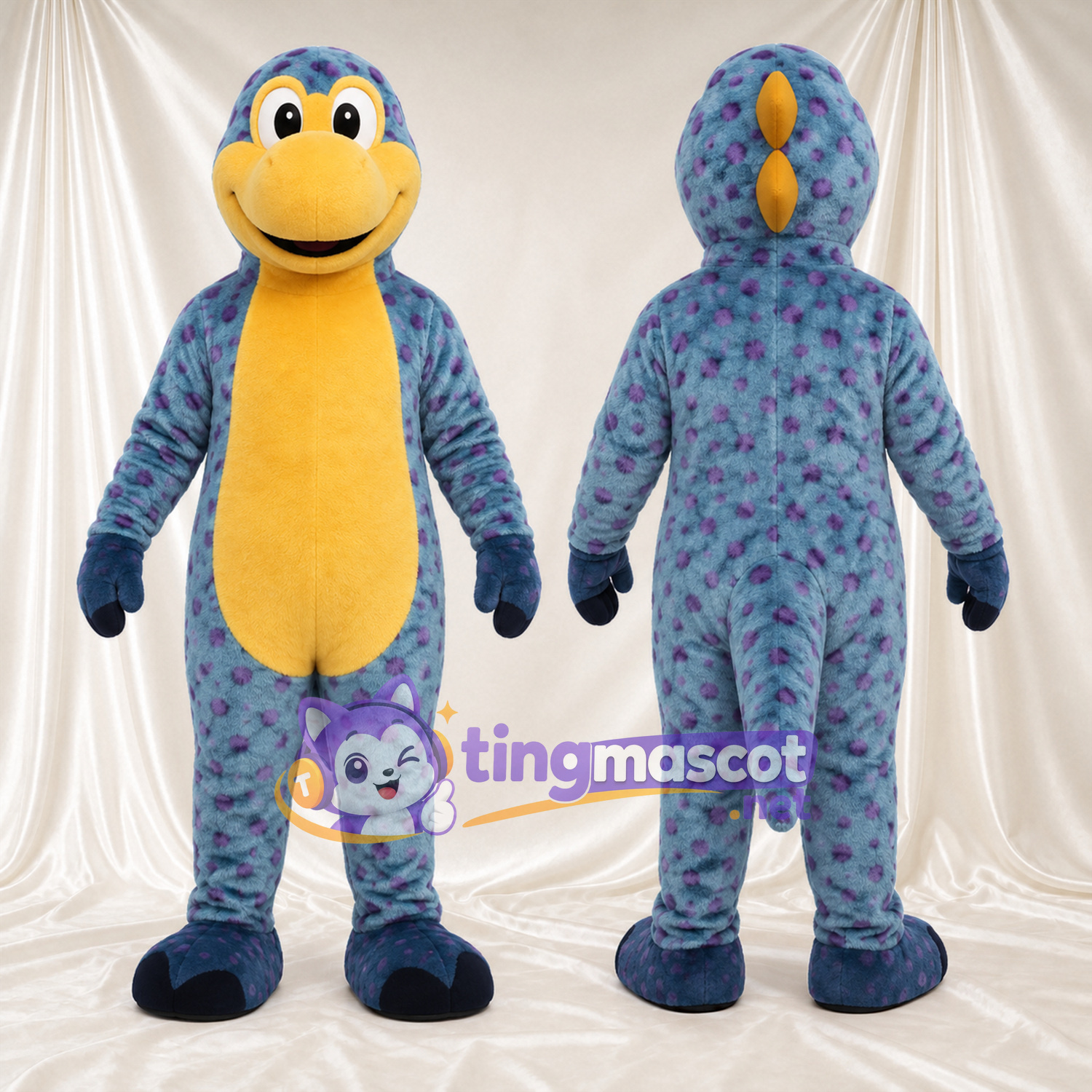 Costume de mascotte Dinosaure – bleu – Ventre (jaune); Pointes Costume de mascotte Dinosaure – bleu – Ventre (jaune); Pointes