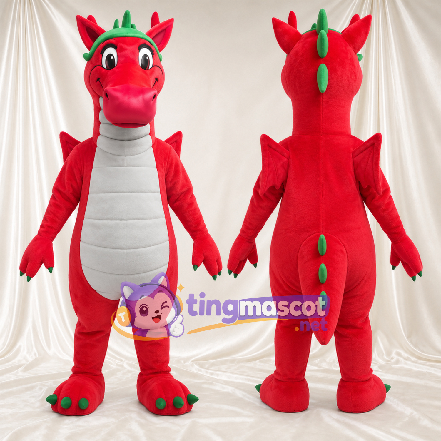 Costume de mascotte Dragon – rouge – Épines (vert) Costume de mascotte Dragon – rouge – Épines (vert)