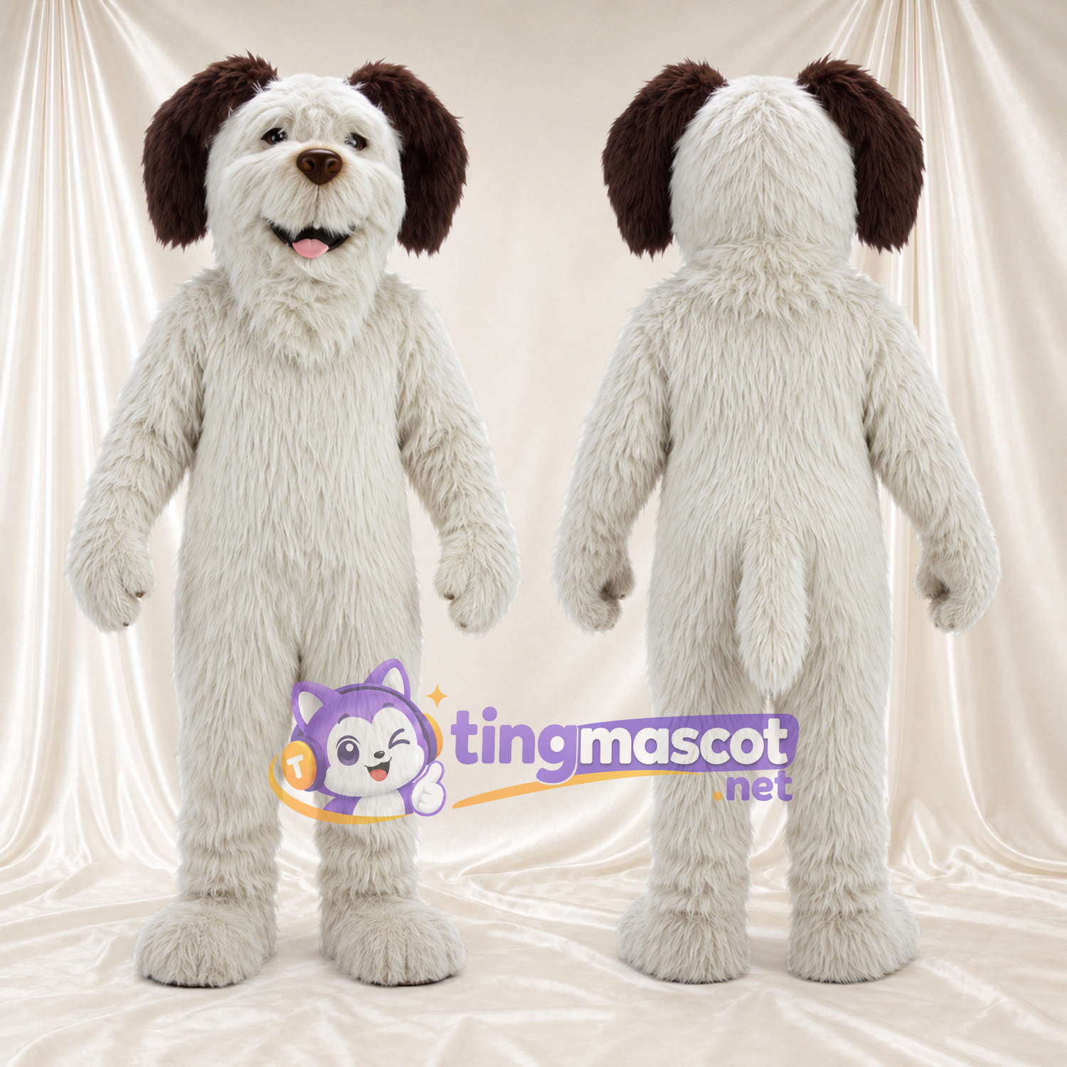Costume de mascotte Chien – blanc – Oreilles tombantes (marron); Fourrure hirsute