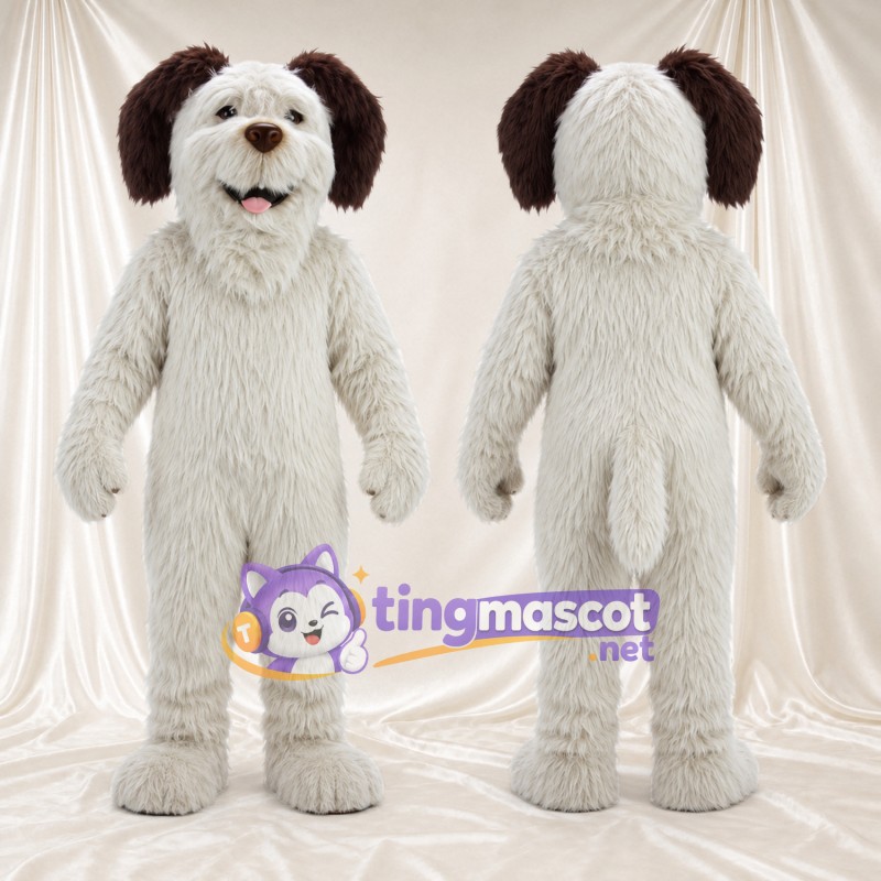 Costume de mascotte Chien – blanc – Oreilles tombantes (marron); Fourrure hirsute